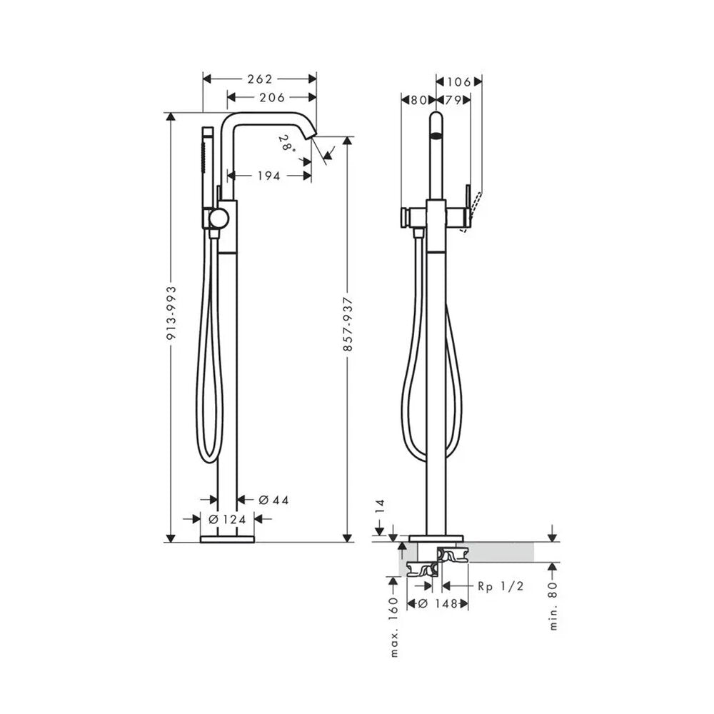 Смесител за вана-душ freestanding Hansgrohe Tecturis S с хромирано покритие без вградена част