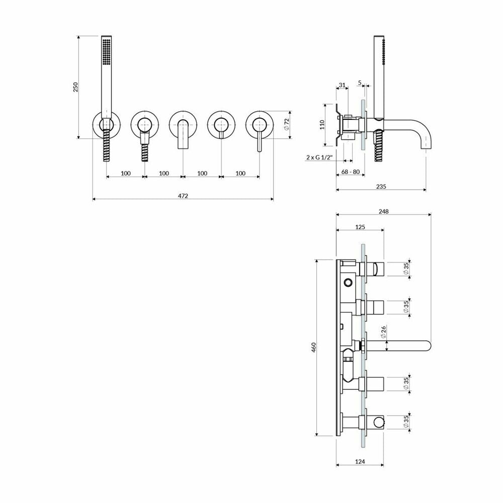 Bathtub - Shower Mixer Built-in Omnires Y 5 Holes Brushed Gold with Concealed Body and Shower Set