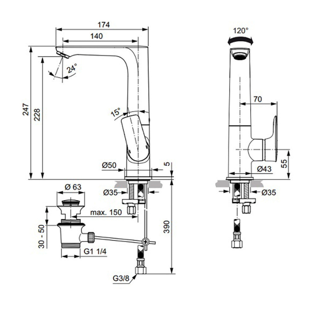 Висока батерия за умивалник Ideal Standard Connect Air Magnetic Grey с вентил и въртяща се тръба