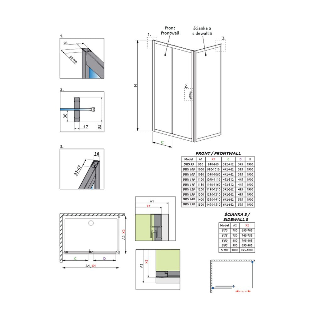 Правоъгълна душ кабина с плъзгаща се врата Radaway Premium Plus DWJ+S 95x90 cm хромирано-стъклено покритие