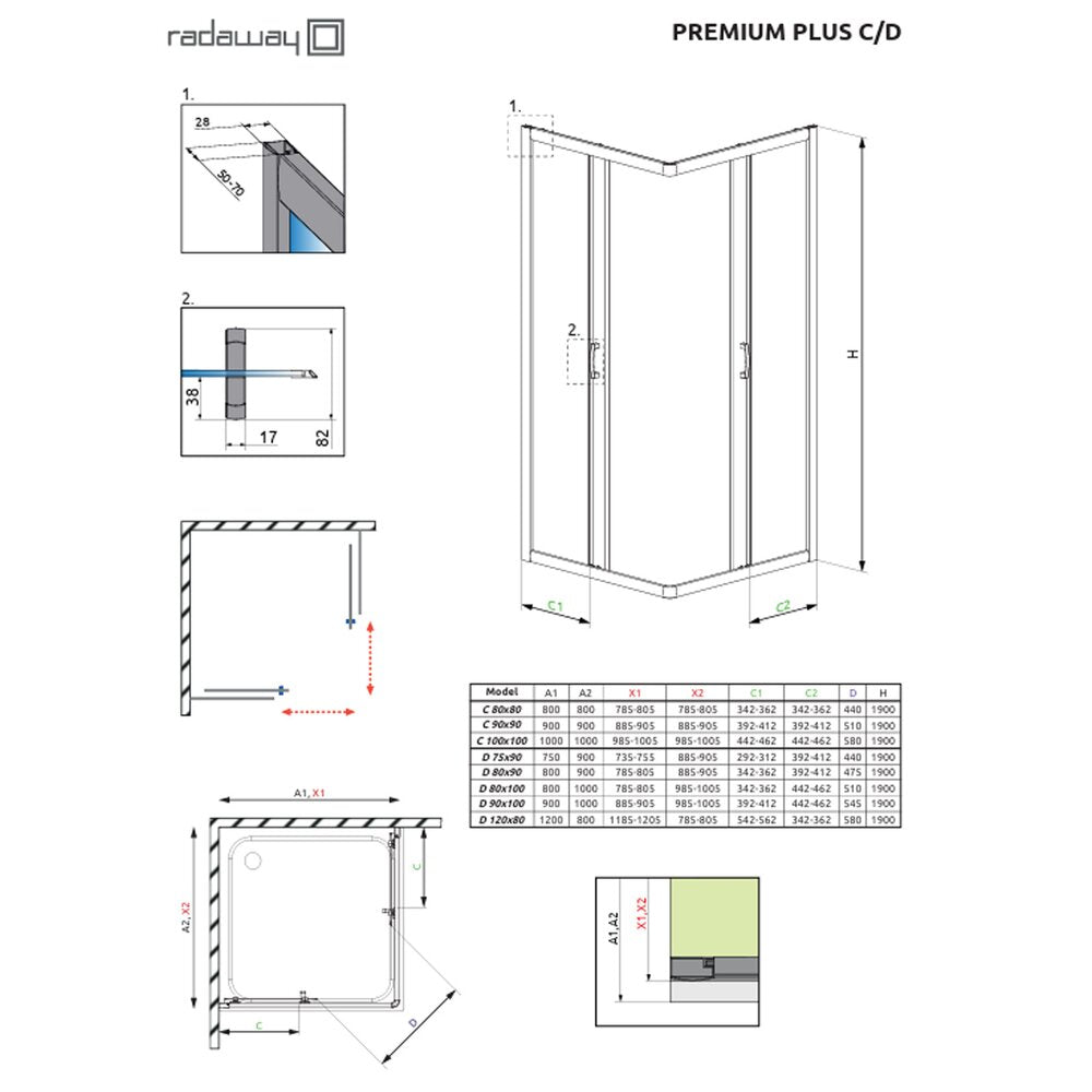 Правоъгълна душ кабина с плъзгаща се врата Radaway Premium Plus D 90x100 cm хромирана рамка