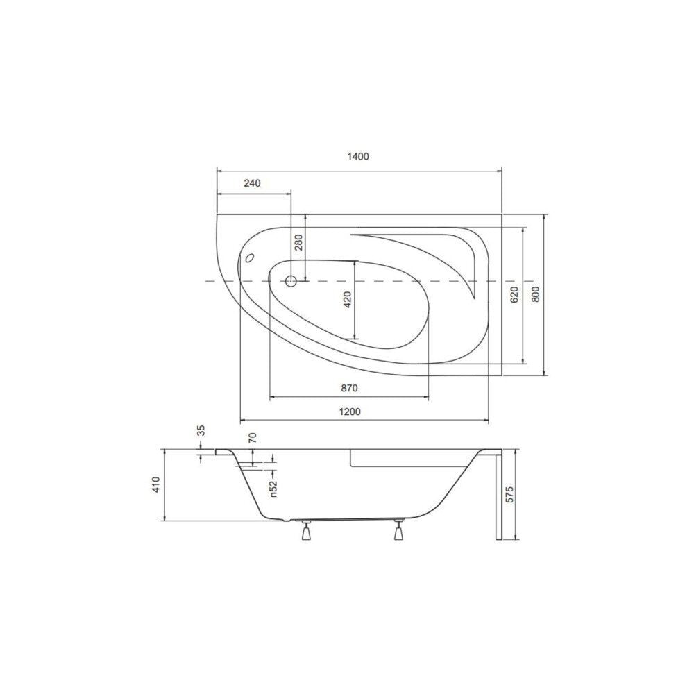 Асиметрична вана Besco Cornea 140x80 см, десен монтаж