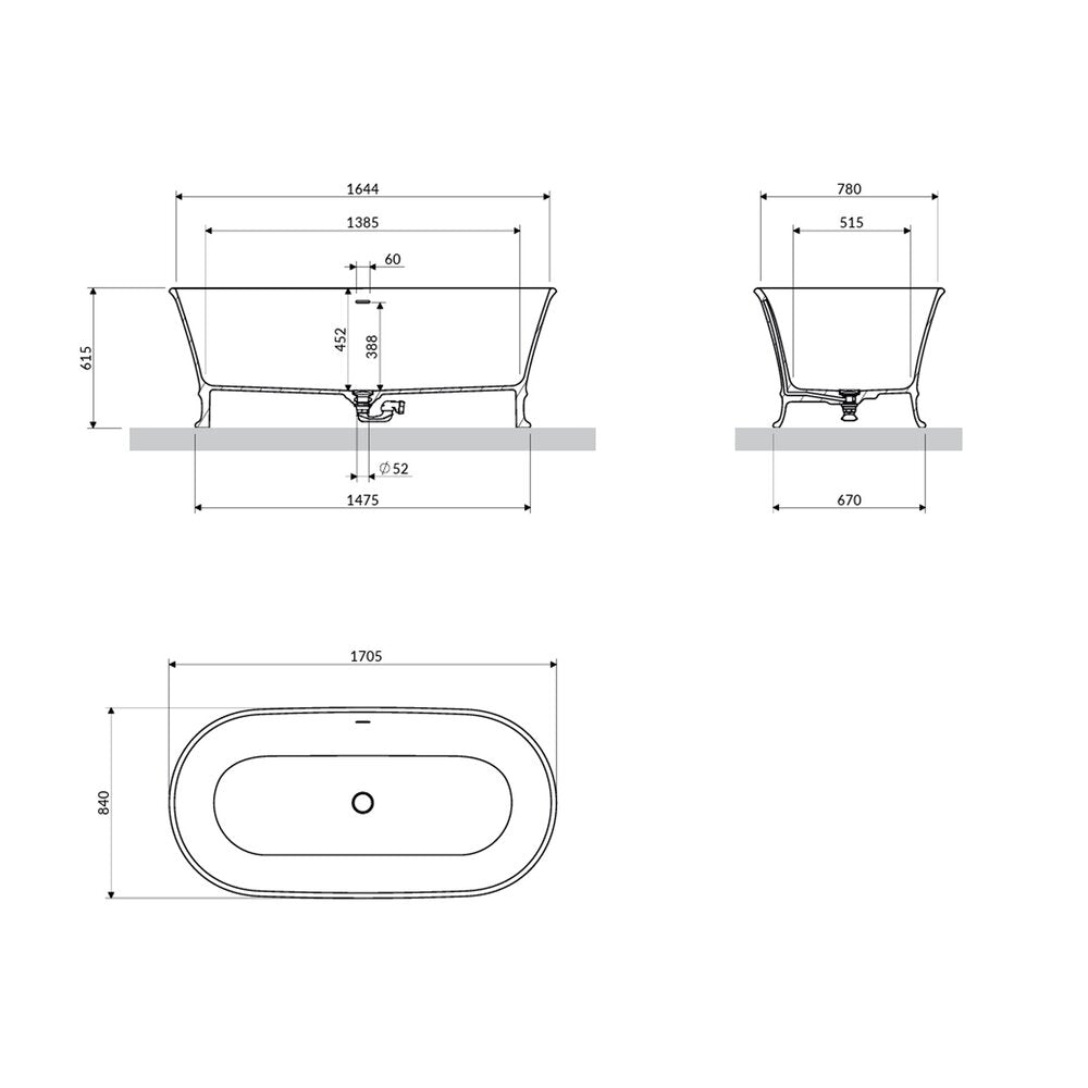 Свободностояща вана композит Omnires Classica M+ с бял лъскав завършек 170x84 cm