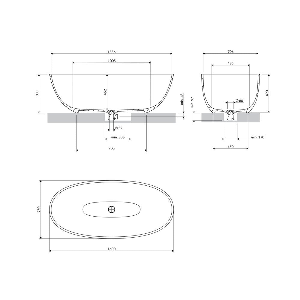 Свободностояща вана композит Omnires Shell M+ с матово сиво покритие 160x75 cm