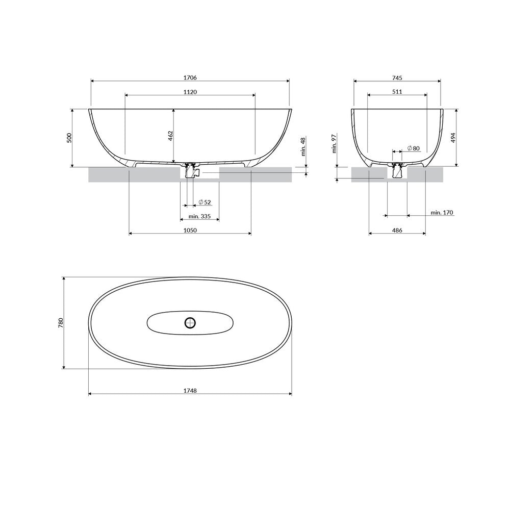 Свободностояща вана Omnires Shell M+ с матово покритие в цвят сив пепел 175x78 cm