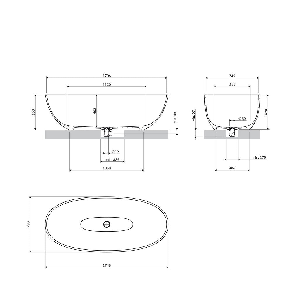 Свободностояща вана композит Omnires Shell M+ с матово черно покритие 175x78 cm