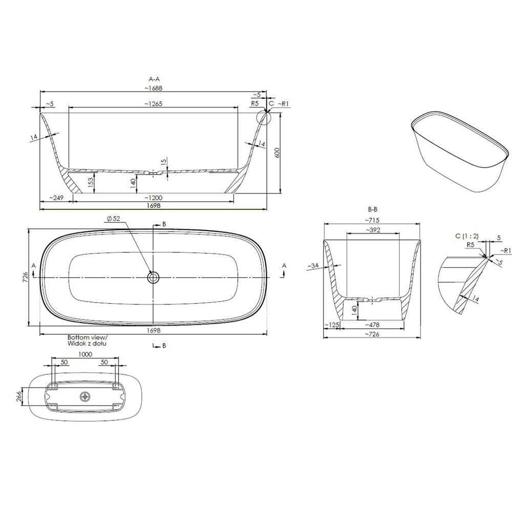Freestanding bathtub made of Marmite composite Creta 170x73 cm