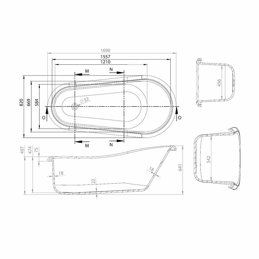 Vayer Retro Freestanding Bathtub 169x82 cm White Legs