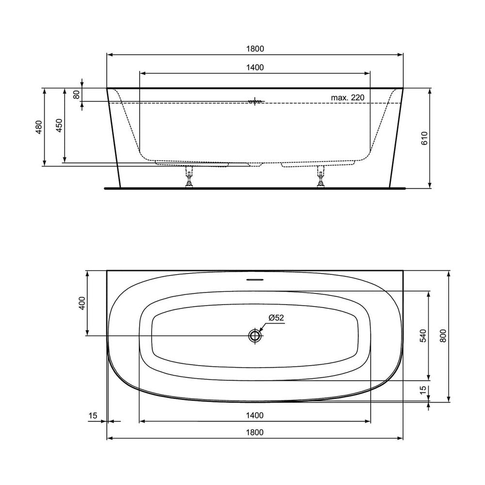 Фритенд баня Ideal Standard Atelier Dea 180x80 см бял лъскав, монтиран на стена, BTW