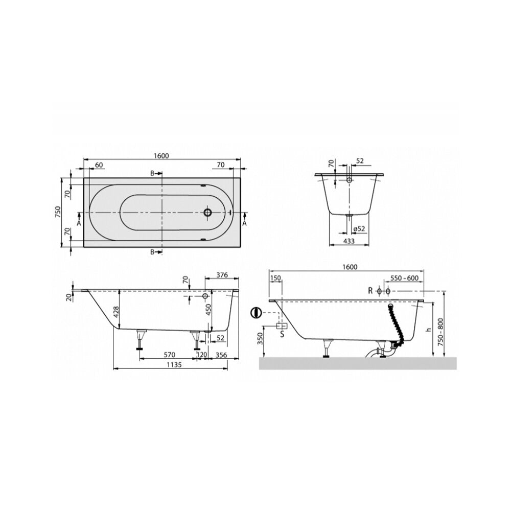 Правоъгълна композитна вана Villeroy&Boch Oberon 160x75 см Quaryl