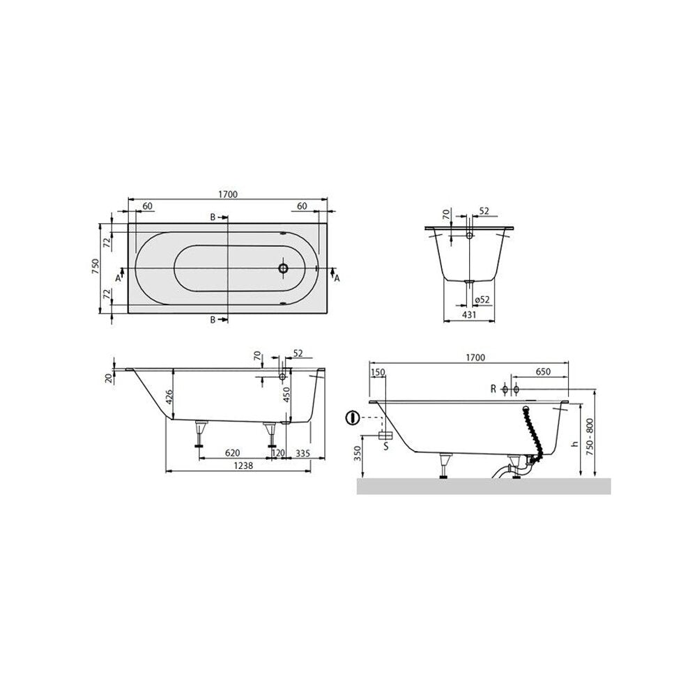 Правоъгълна вана от композит Villeroy&Boch Oberon 170x75 см Quaryl