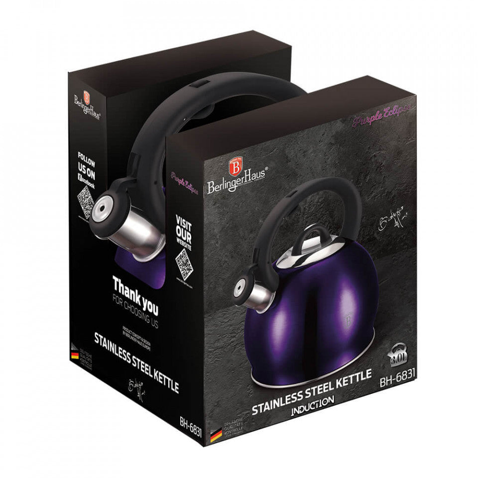 Чайник от неръждаема стомана с свирка 3 литра Purple Eclipse Collection BerlingerHaus BH 6831