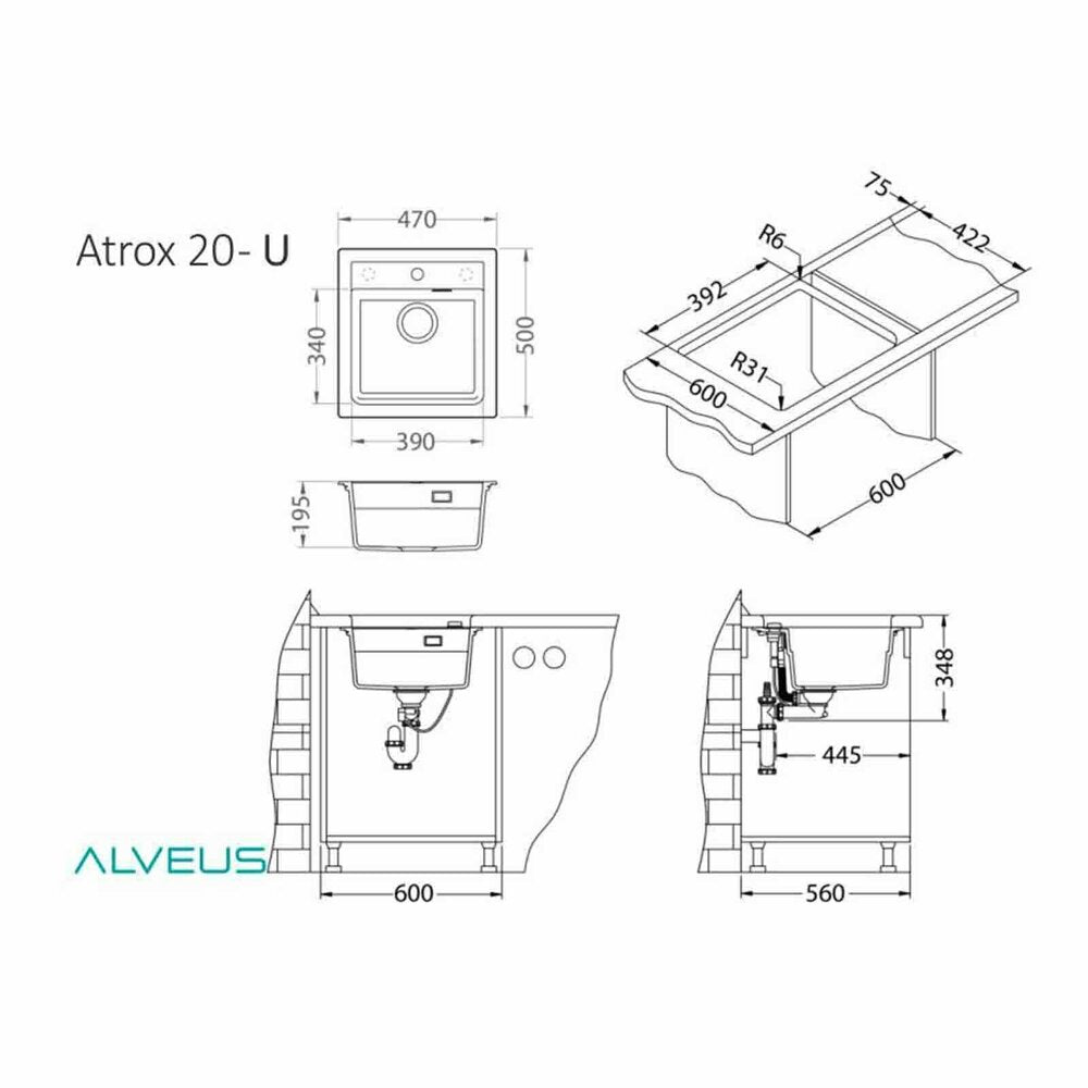 Чифтова композитна мивка Alveus Atrox 20 черна 47x50 см