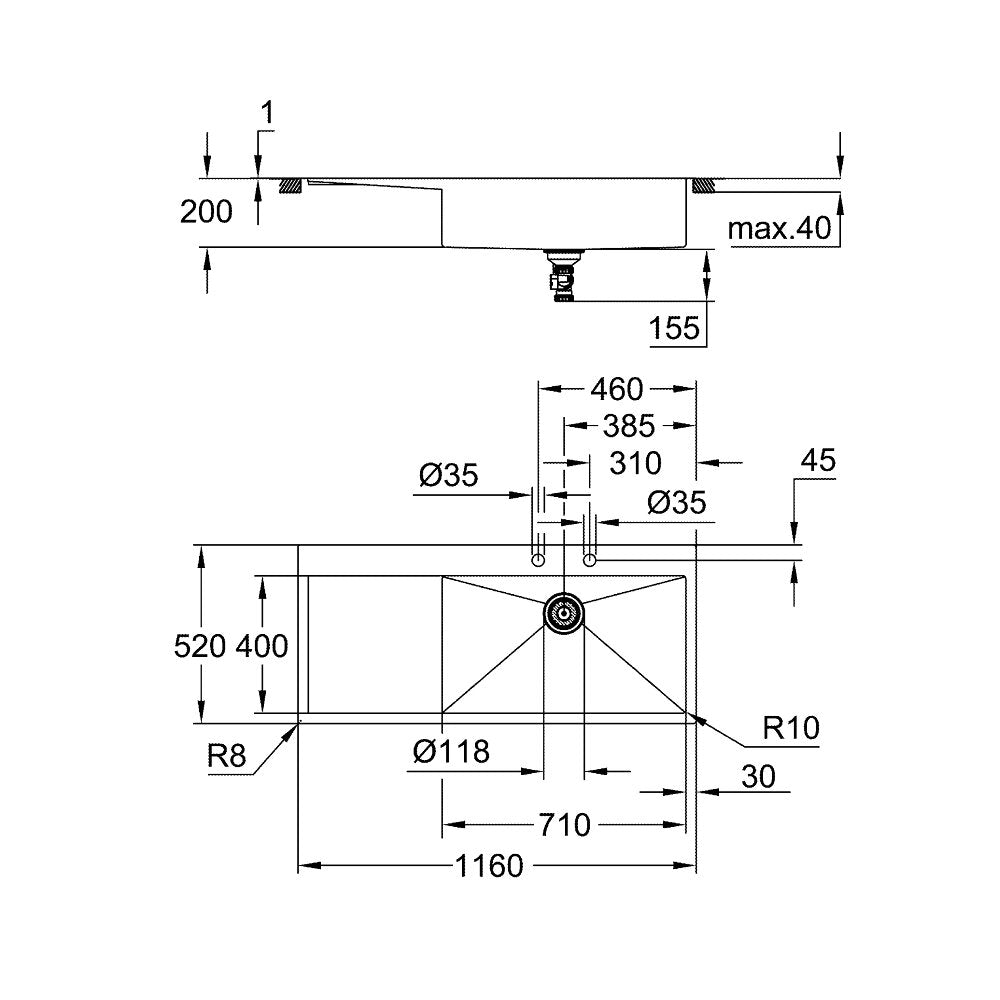 Мивка инокс Grohe K1000 116x52.1 см 1 купа с отводнител дясно