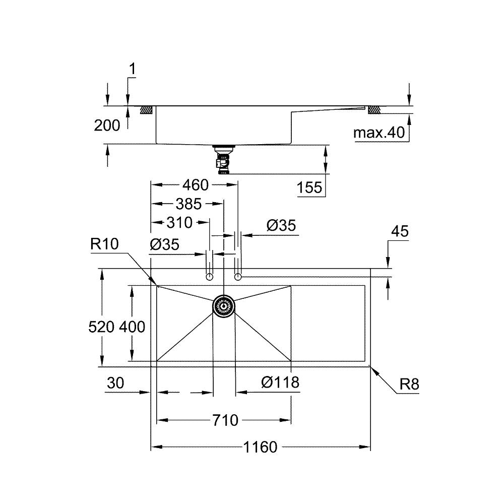 Неръждаема мивка Grohe K1000 116x52.1 см 1 цевка с ренде лява