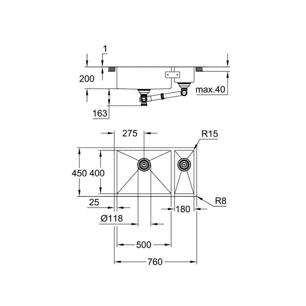 Мивка от неръждаема стомана Grohe K700U 76x45.1 см 2 чинии