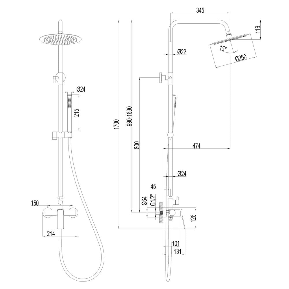 Invena Neri Brushed Copper Shower Column with Single Lever Mixer