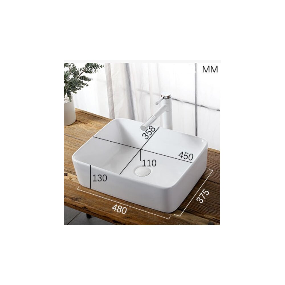 Inter Ceramic Art Rectangular Glossy White Finish Countertop Sink 48 cm