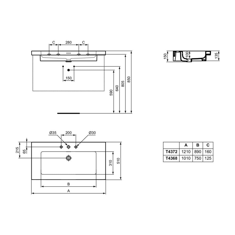 Лавоар на мебел Ideal Standard Atelier Extra бял гланц с 3 отвора батерия 101 см