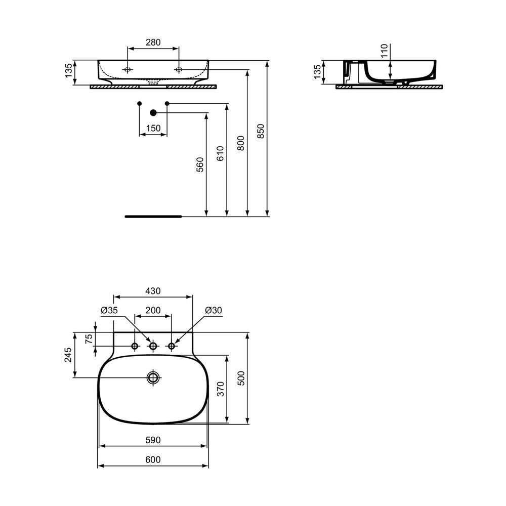 Лавоар за стенен монтаж Ideal Standard Atelier Linda-X 60 см бял лъскав с 3 отвора за батерия