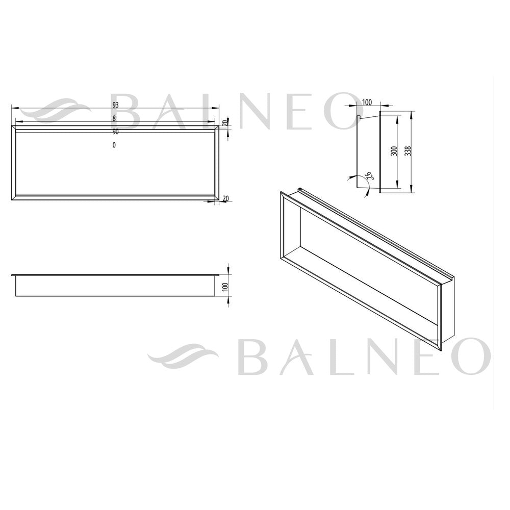 Вградена правоъгълна рафт Balneo Wall-Box One LED с рамка 90x30x10 cm, лъскав мед