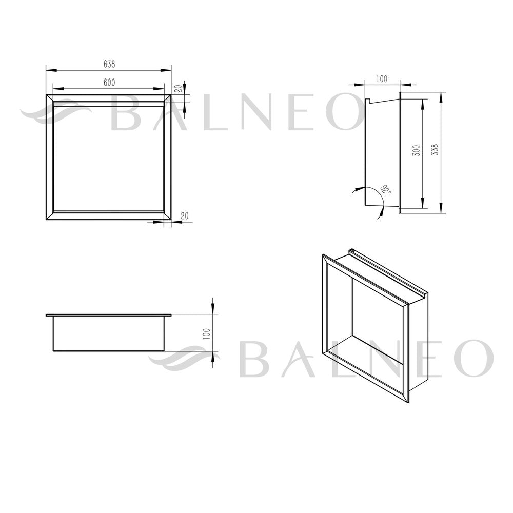 Вградена квадратна рафт Balneo Wall-Box One LED с рамка 30x30x10 cm инокс