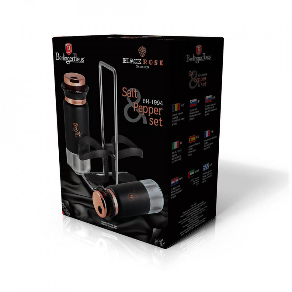 Комплект 2 контейнера за сол и пипер 120 мл и стойка от неръждаема стомана Black Rose Collection Berlinger Haus BH 1994