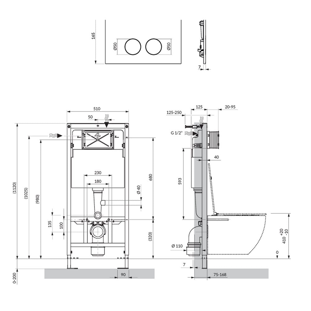 Комплект резервоар за WC с рамка Omnires StrongFrame с ECO измиване и минималистичен бял бутон