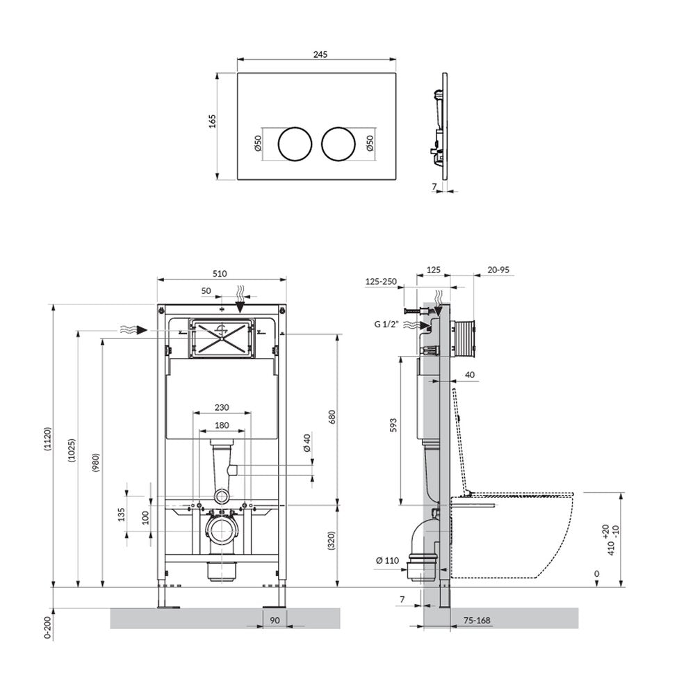 Комплект за тоалетна с рамка Omnires StrongFrame с ECO измиване и минималистичен бутон в обработен мед
