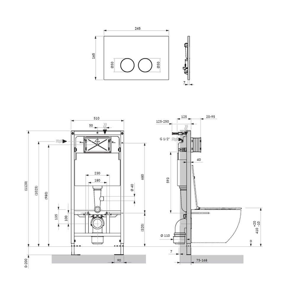 Комплект резервоар за тоалетна с рамка Omnires StrongFrame с ECO измиване и минималистичен черен бутон