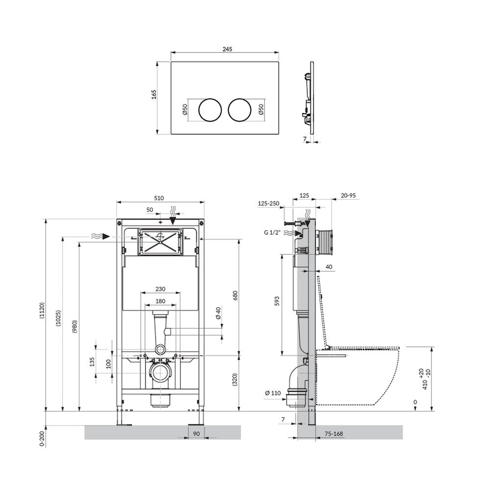 Комплект резервоар за тоалетна с рамка Omnires StrongFrame и бутон Minimal бял гланц