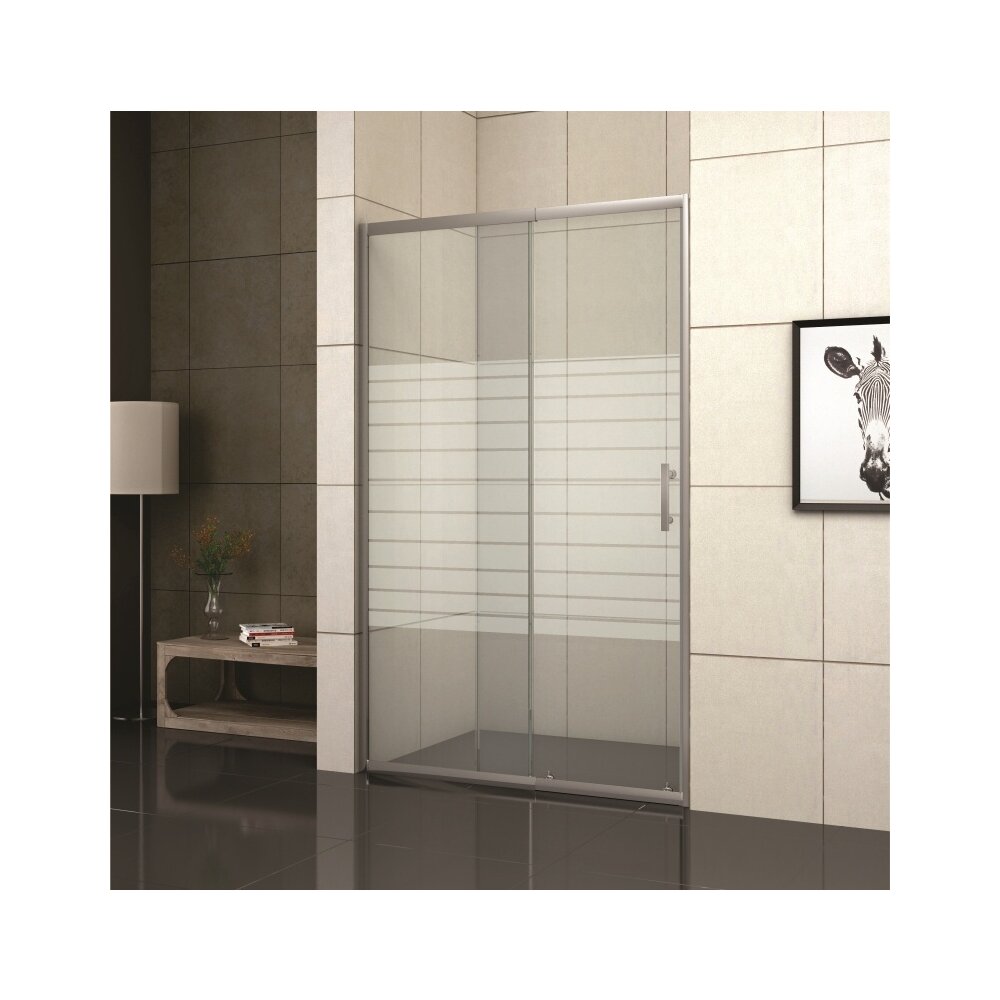 Inter Ceramic Sliding Niche Door 100 cm Transparent Glass with White Lines 5 mm Glossy Chrome Profile
