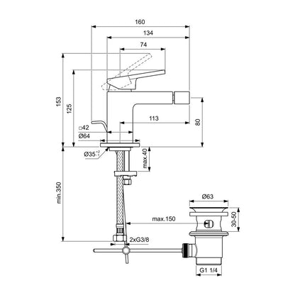 Батерия биде Ideal Standard Atelier Extra златисто мат с поп-ъп клапан