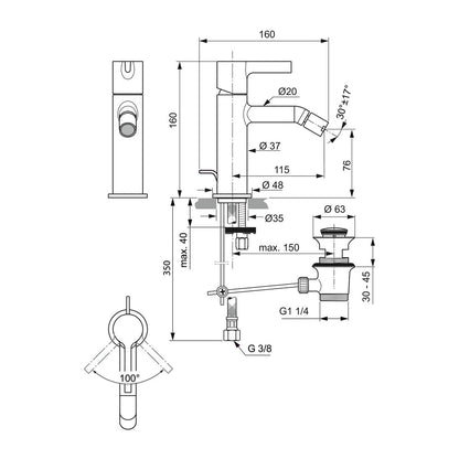 Ideal Standard Atelier Joy Bidet Mixer Magnetic Grey with Pop-Up Waste