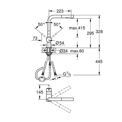 Смесител за кухня с изтеглящ се душ Grohe Minta 2 вида струя антрацитен сатен Hard Graphite