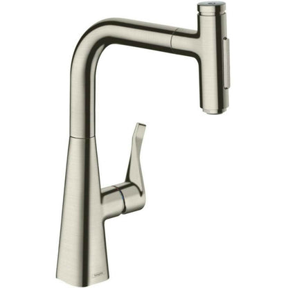 Батерия за кухня с издърпваща се душ Hansgrohe Metris Select M71 240 с 2 струи, завършек от неръждаема стомана, включен sBox