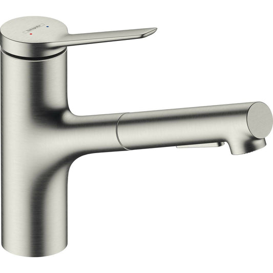 Kitchen faucet with pull-out spray Hansgrohe Zesis M33 150 with metal sprayer 2 jets stainless steel finish