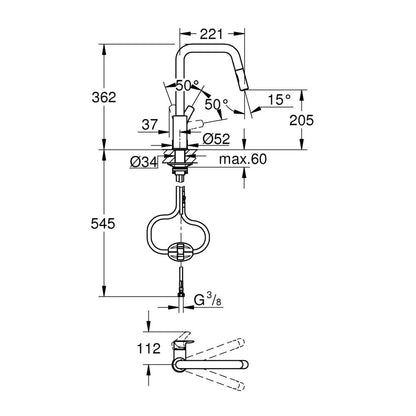 Смесител за кухня с изтеглящ се душ Grohe Eurosmart хром гланц 2 функции