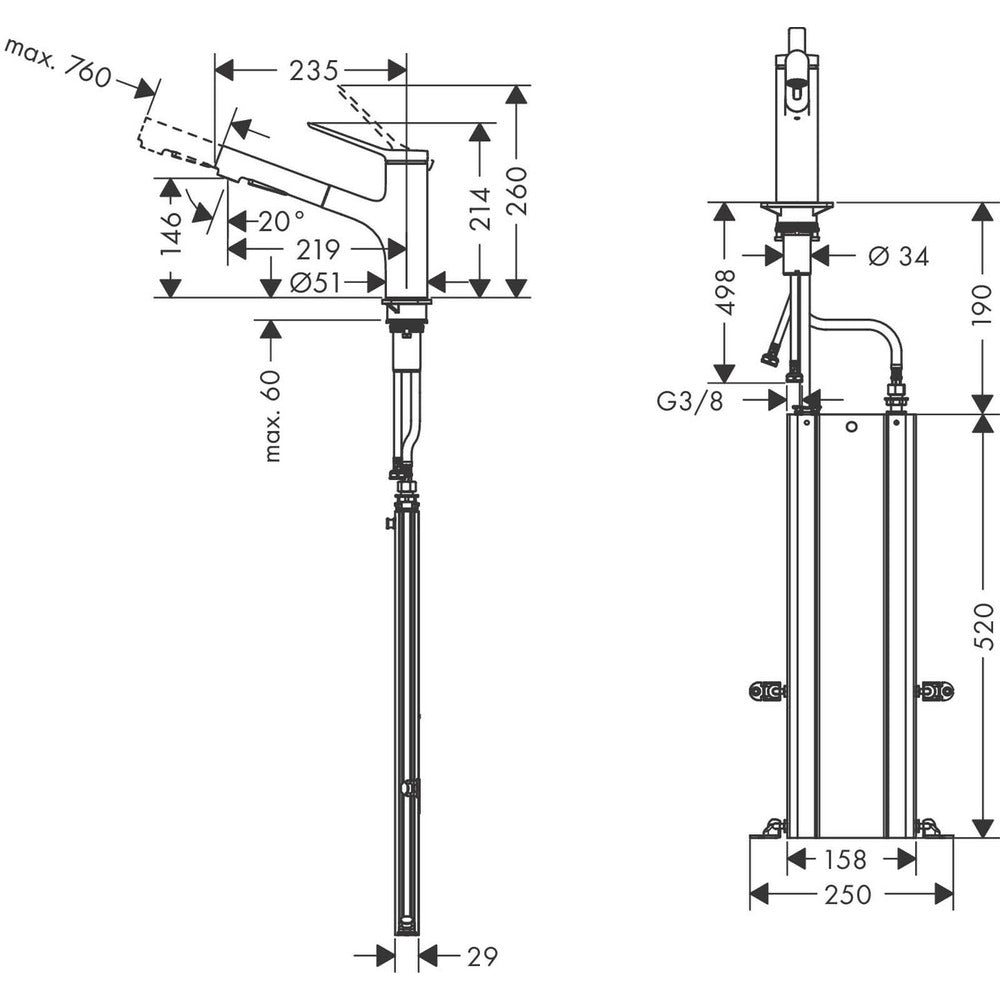 Kitchen faucet with pull-out spray Hansgrohe Zesis M33 150 sBox with 2 jets