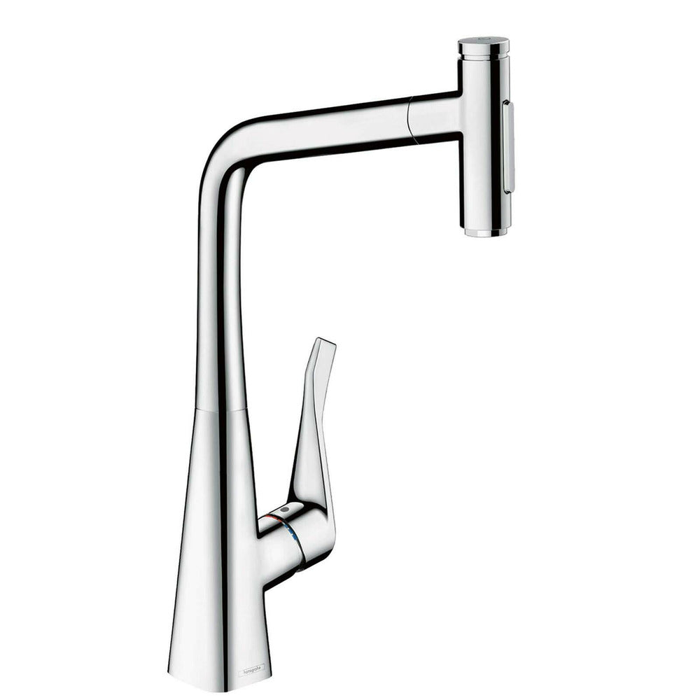 Кухненска батерия с изтеглящ се душ Hansgrohe Metris Select M71 320 с 2 струи, хромирано лъскаво покритие и sBox