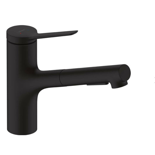 Kitchen faucet with pull-out spray matte black Hansgrohe Zesis M33 150 sBox with 2 jets