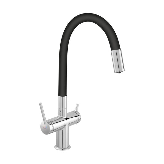 Смесител за кухня с гъвкава чучур Ferro Filtrata, съвместим с филтрираща система, хром-черен завършек