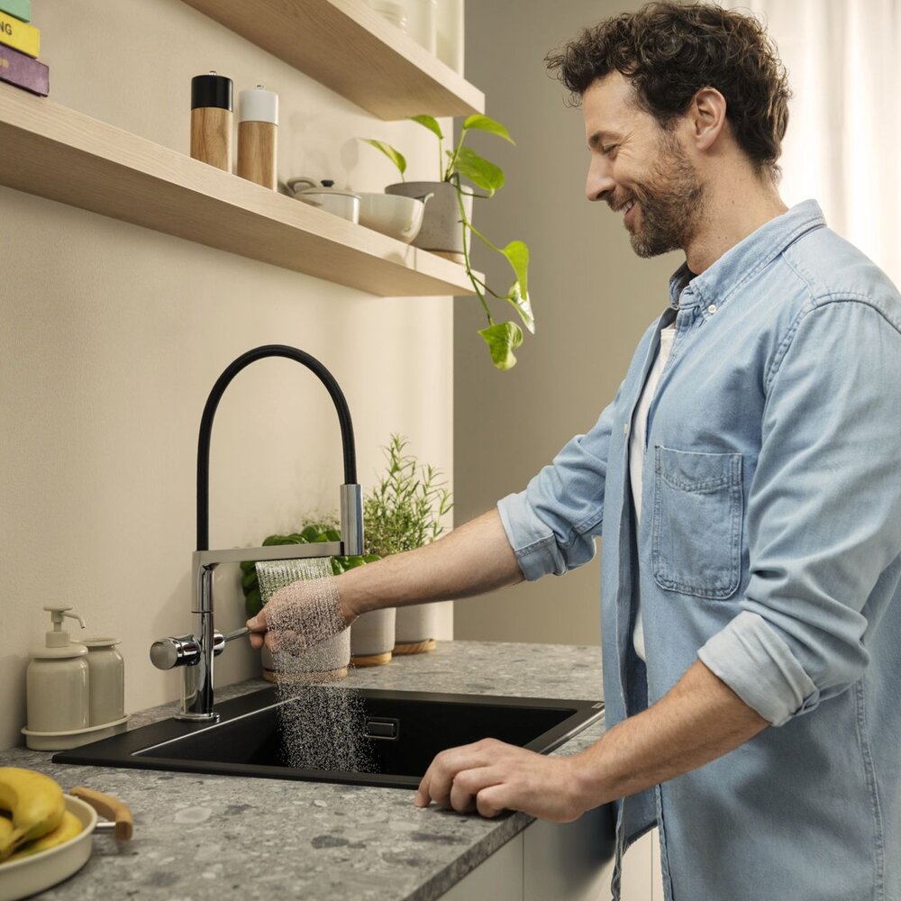 Смесител за кухня с гъвкава чучур Hansgrohe Talis Select M54 PowderSpray хром гланц-мат черен с 3 функции