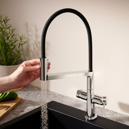 Смесител за кухня с гъвкава чучур Hansgrohe Talis Select M54 PowderSpray хром гланц-мат черен с 3 функции