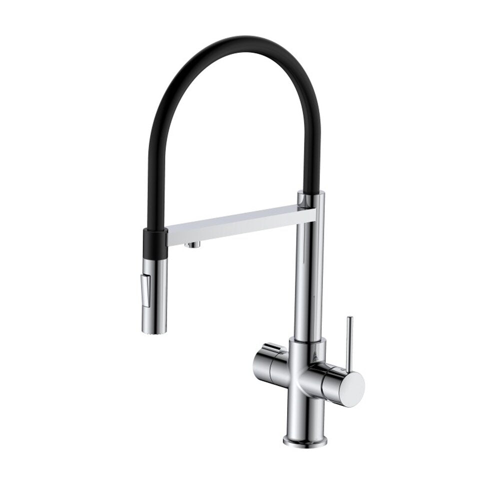 Смесител за кухня с гъвкава чучур Inter Ceramic Acqua Pura, съвместим с филтрираща система, хром-черен