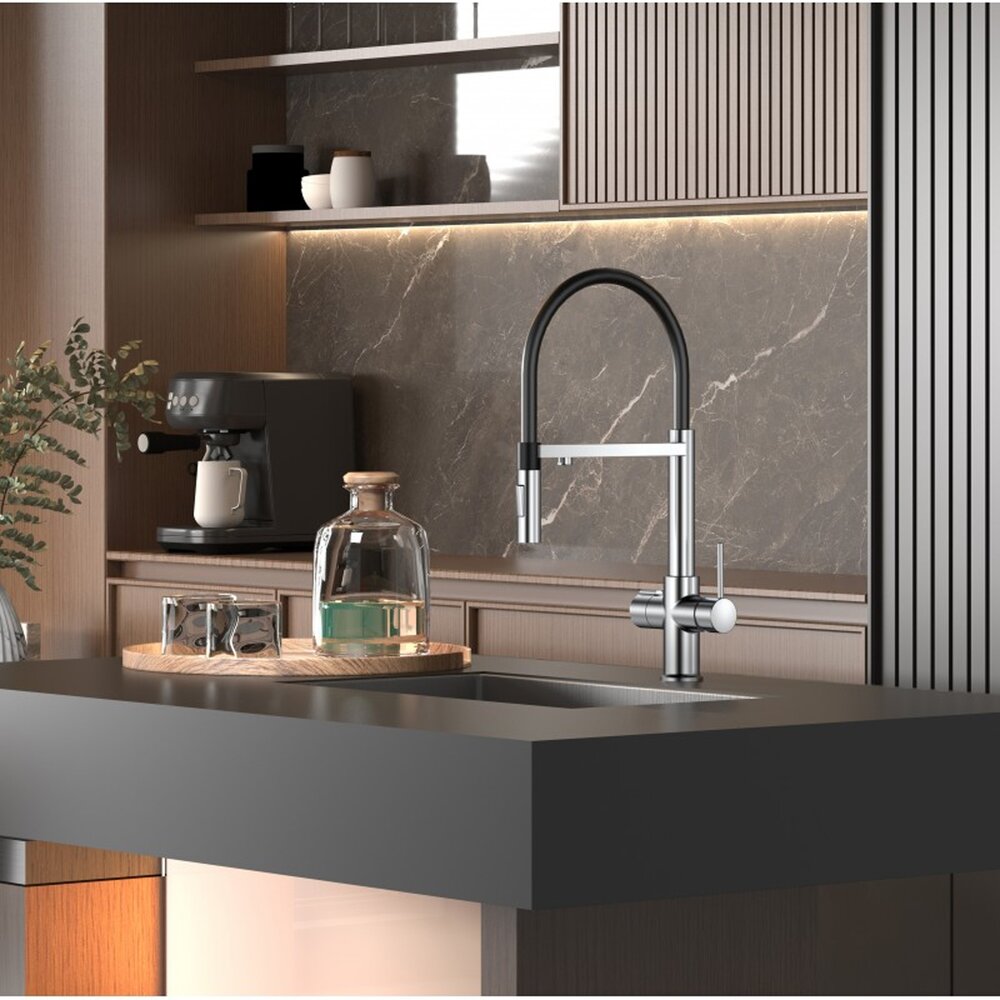 Смесител за кухня с гъвкава чучур Inter Ceramic Acqua Pura, съвместим с филтрираща система, хром-черен