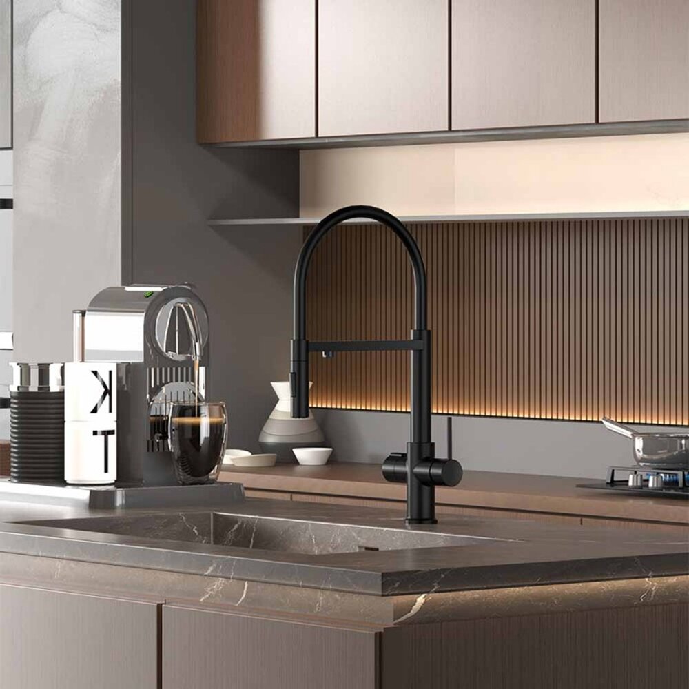 Кран за кухня с гъвкава чучур Inter Ceramic Acqua Pura, съвместим с филтрираща система, матово черен