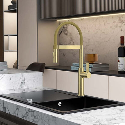 Смесител за кухня с гъвкава чучур Inter Ceramic в покритие Brushed Gold с 2 функции