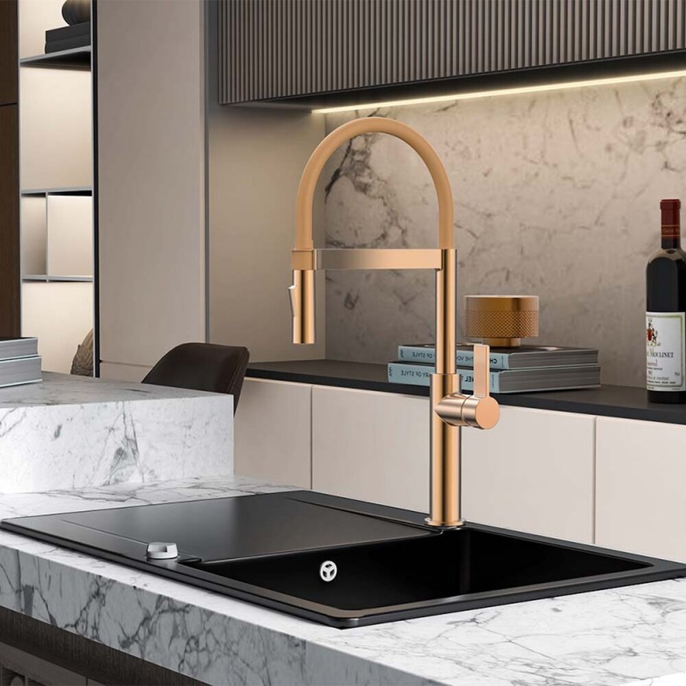 Смесител за кухня с гъвкава чучур Inter Ceramic в завършек Rose Gold