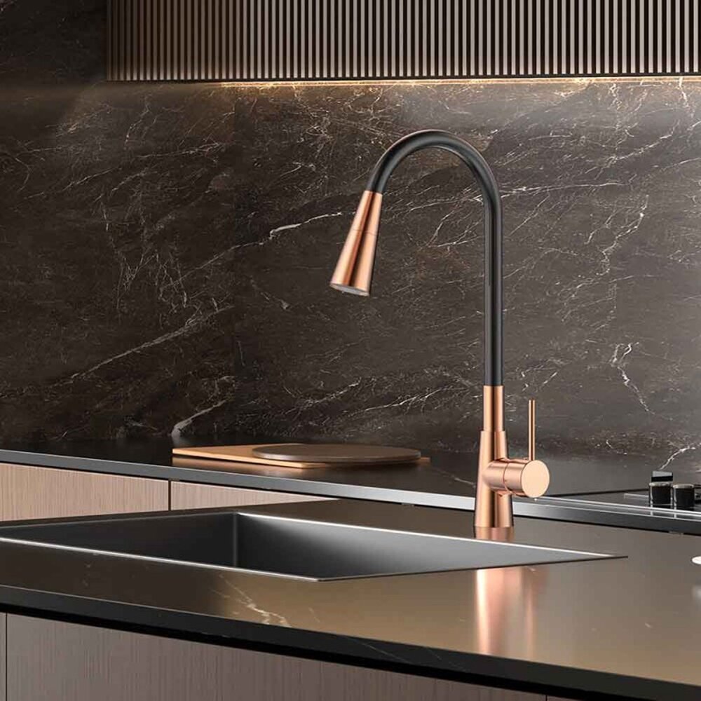 Смесител за кухня с гъвкава чучур Inter Ceramic Havana черен мат-Rose Gold с 2 функции